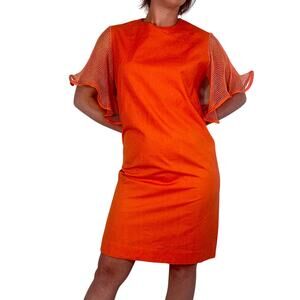 Vintage 1980s Orange Shift Dress Mesh Bell Sleeves D.S. Originals Disco Large
